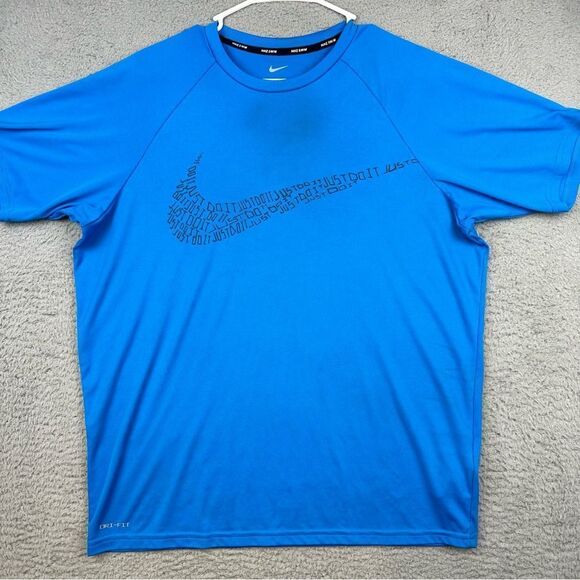 Nike‎ Swim Shirt Mens Large Blue Short Sleeve Swoosh Logo Spellout Beach Surf - Picture 1 of 16
